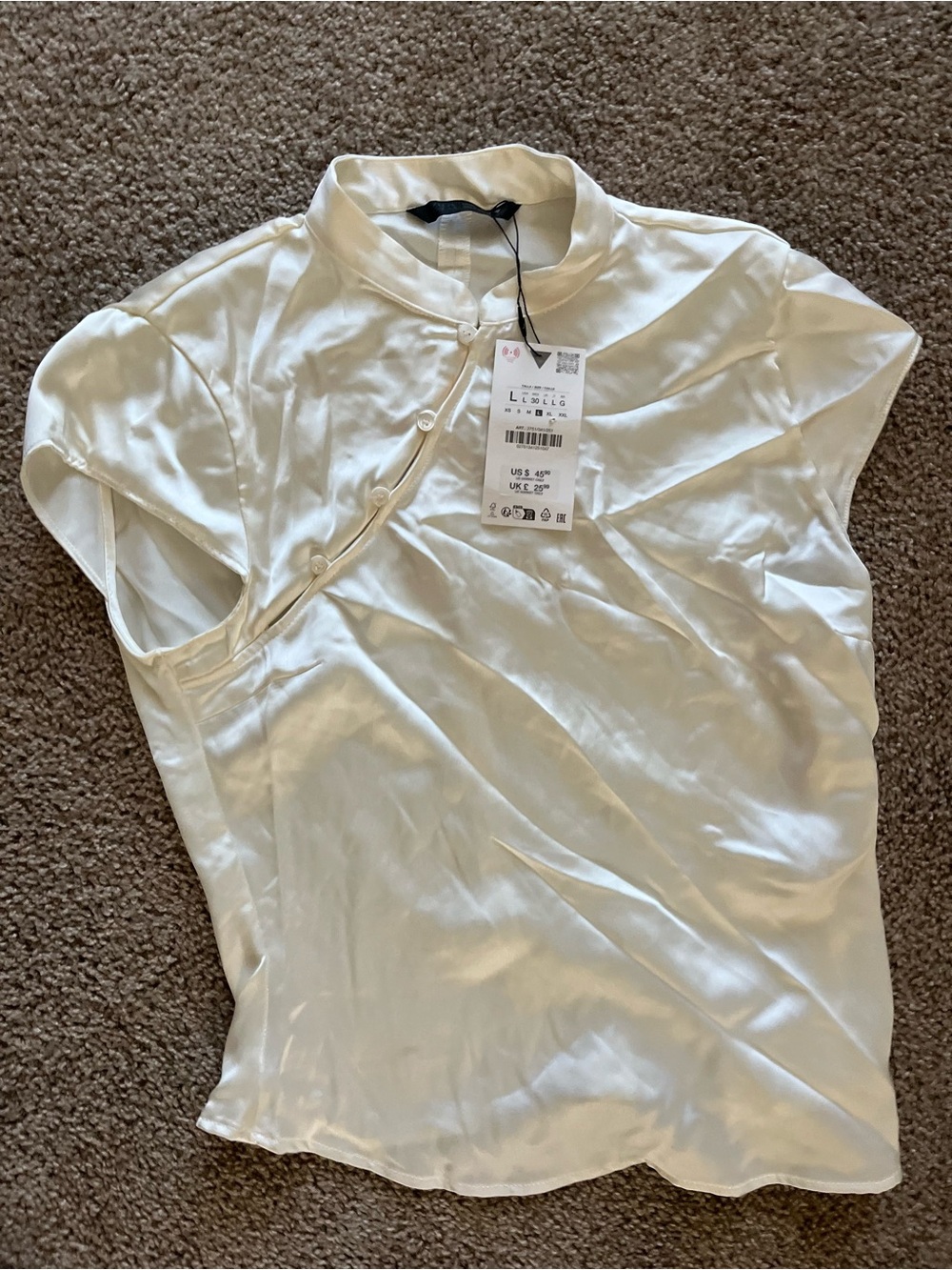 Zara Ivory Satin Short-Sleeve Mandarin Blouse - Picture 5 of 6